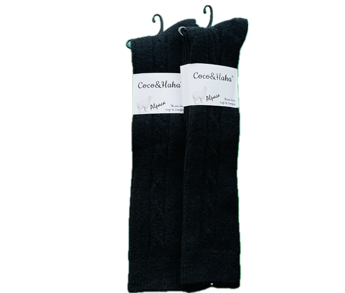 socks-1311 جوراب پشمی لاما زیرزانو زنانه کوکو تمام مشکی طرح گیس بافت